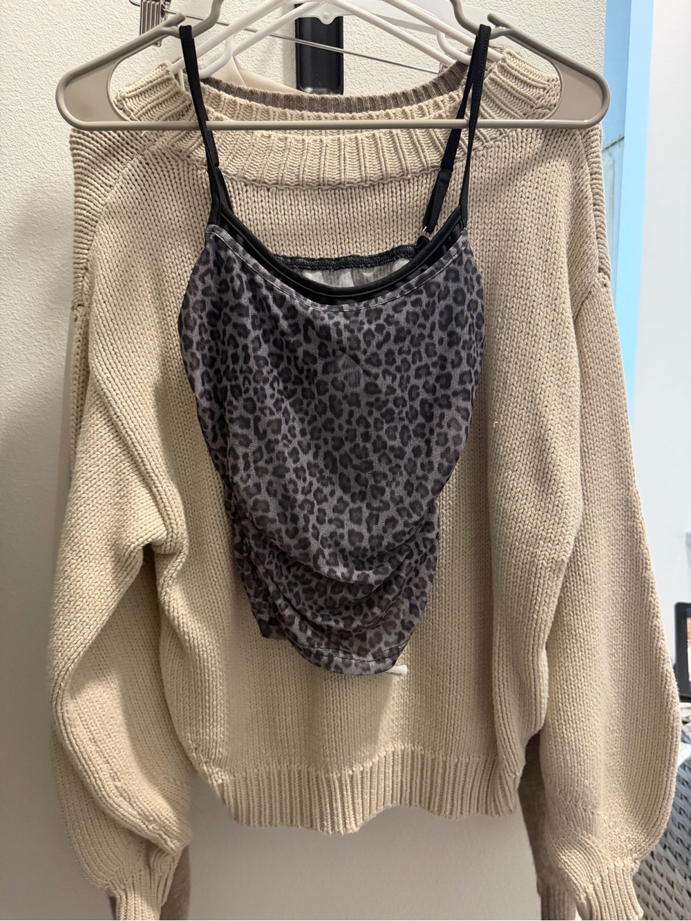 SHEIN Gray Leopard Print Cowl Neck Cami with Black Straps